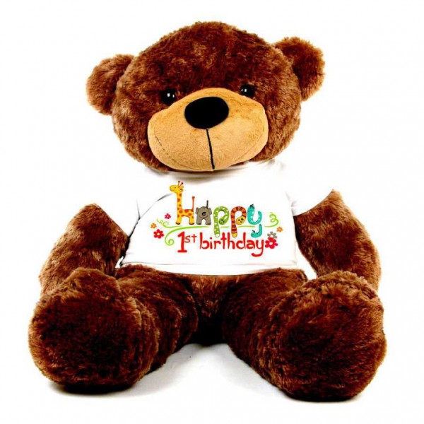 Brown 5 feet Big Teddy Bear wearing a First Happy Birthday T-shirt